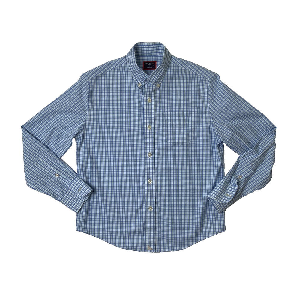 Untuckit Shirt Boys Youth Kids 12 Blue White Cotton Check Button Up Long Sleeve